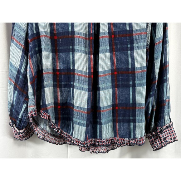 Bila Women's Plaid Long Sleeve Button Up Shirt Ruffle Trim Blue Red Large - Picture 8 of 8